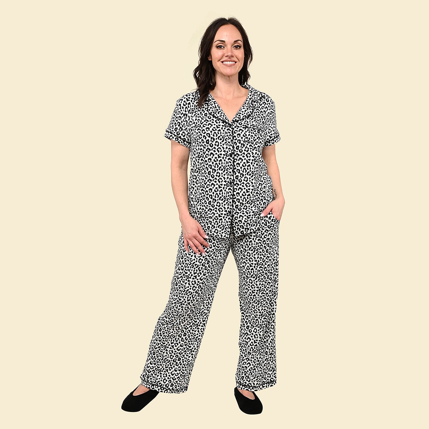 TAMSY Snow Leopard Short Sleeve Button-Up and Jogger PJ Set - S
