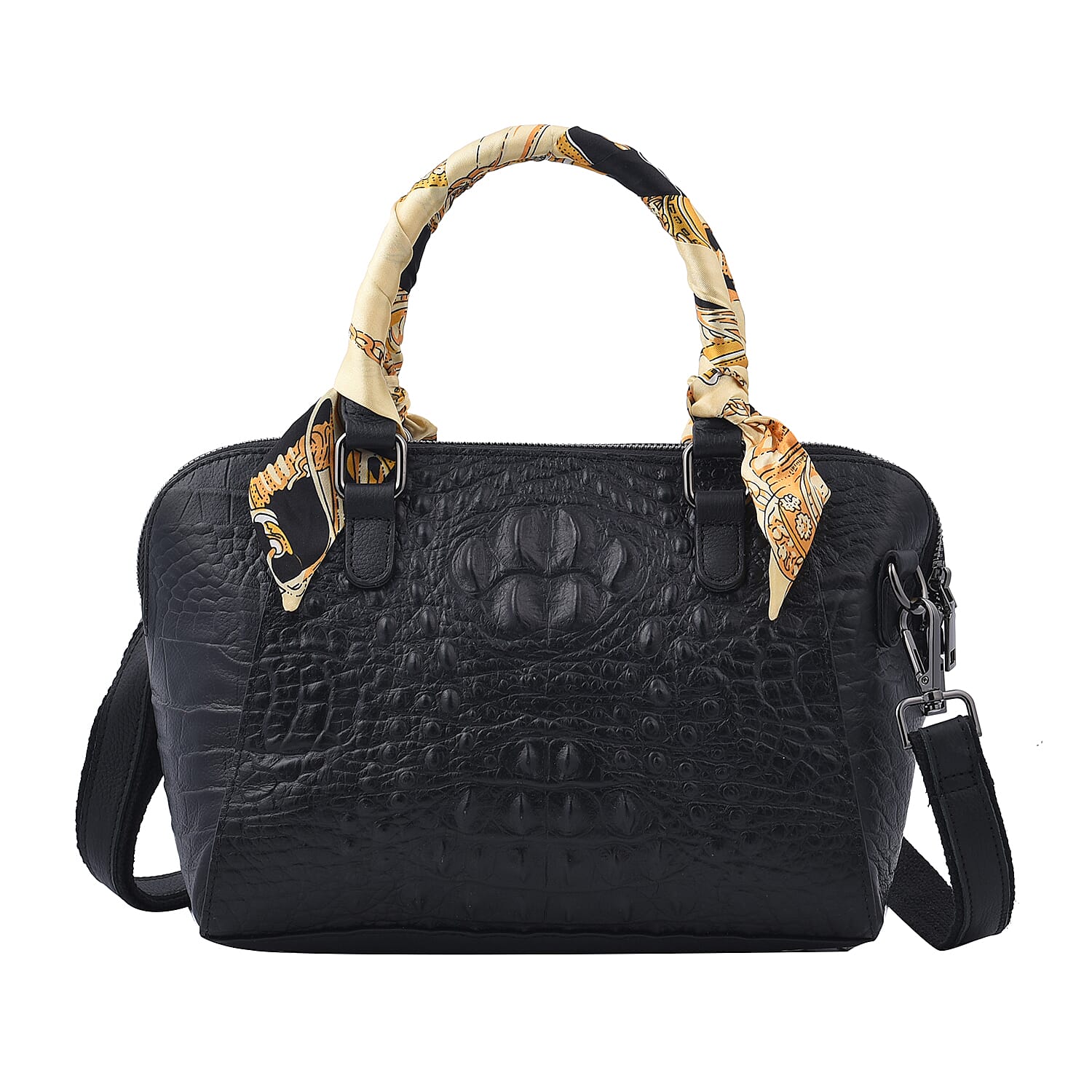 Black Crocodile Embossed Pattern Genuine Leather Crossbody Bag (12.25"x4"x7.21") with Hand Scarf Strap and Shoulder Strap