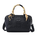 Black Crocodile Embossed Pattern Genuine Leather Crossbody Bag (12.25"x4"x7.21") with Hand Scarf Strap and Shoulder Strap - Sticky add to cart bar