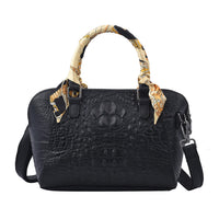 Black Crocodile Embossed Pattern Genuine Leather Crossbody Bag (12.25"x4"x7.21") with Hand Scarf Strap and Shoulder Strap