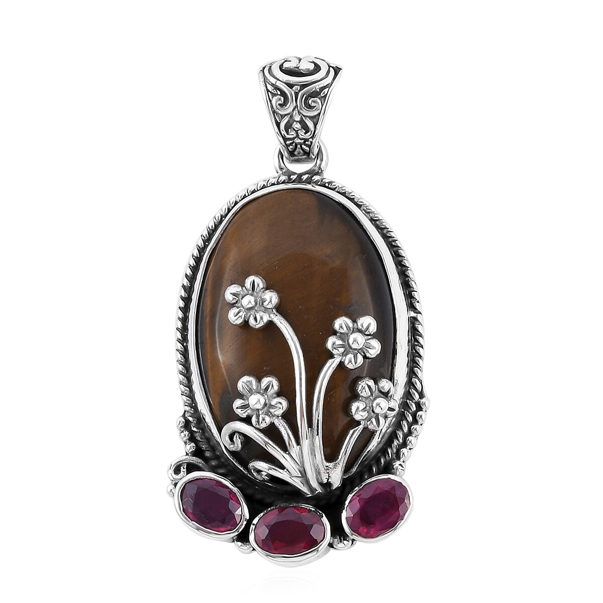 Bali Legacy Tiger's Eye and Niassa Ruby (FF) Pendant in Sterling Silver 39.80 ctw