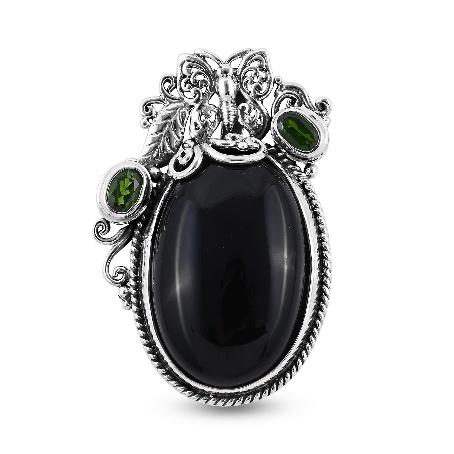 Bali Legacy Black Onyx and Natural Chrome Diopside Pendant in Sterling Silver 11 Grams 39.00 ctw