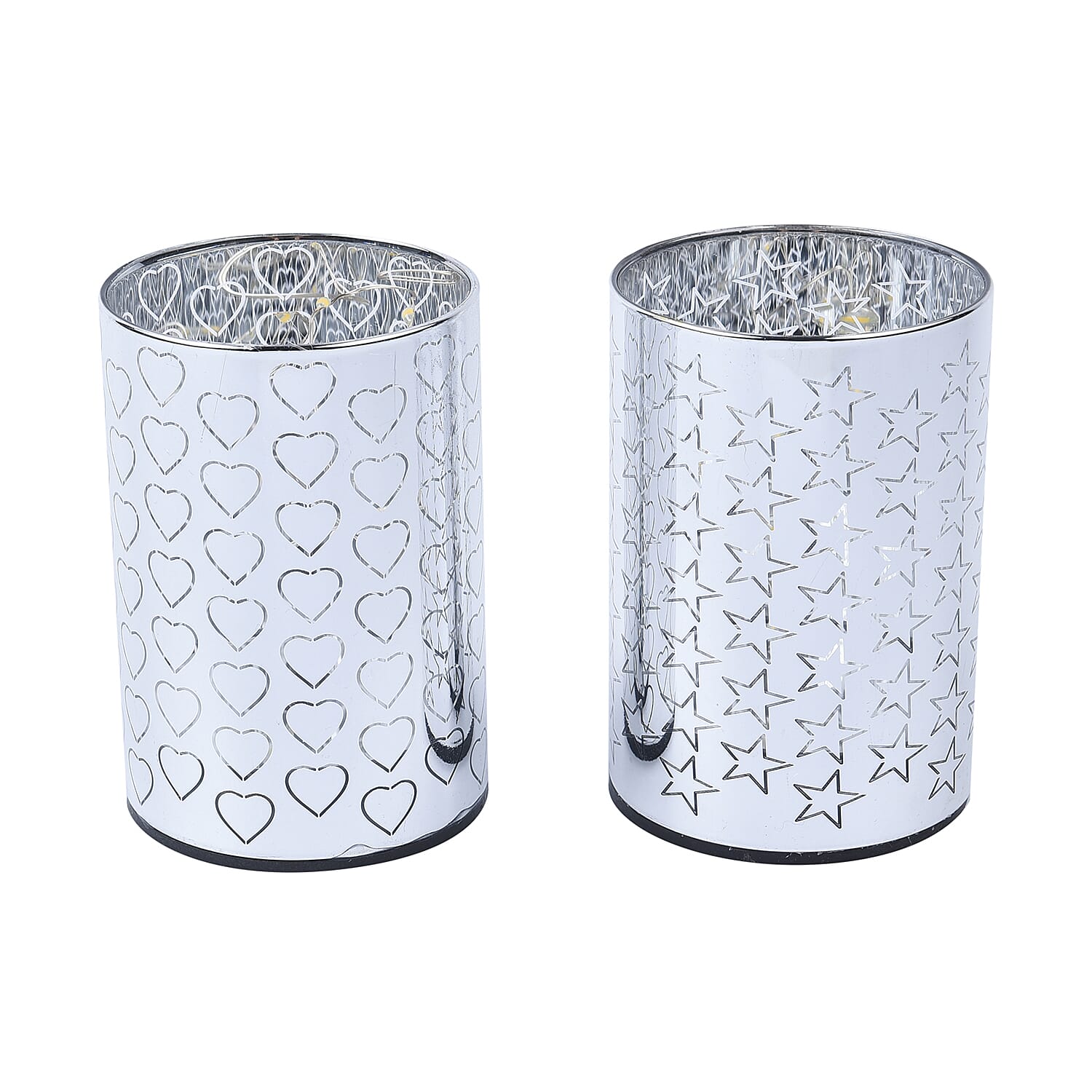 Set of 2 Silver Color Warm LED Lantern Heart and Star Pattern (2.8"x3.9") (Battery 3AAA not included)