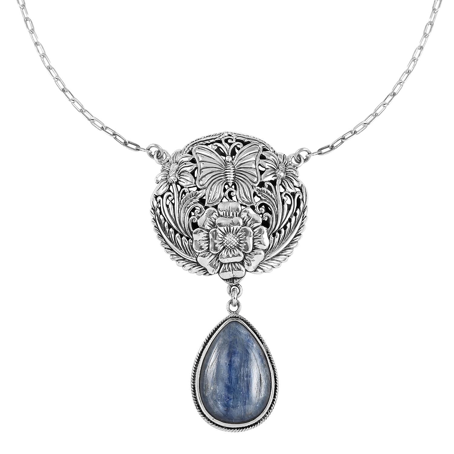 Bali Legacy Himalayan Kyanite Floral and Butterfly Necklace 18 Inches in Sterling Silver 21.00 ctw