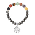 Magnetic By Design Multi Gemstone Beaded and Austrian Crystal 7 Chakra Stretch Bracelet with Tree of Life Charm in Silvertone - Sticky add to cart bar