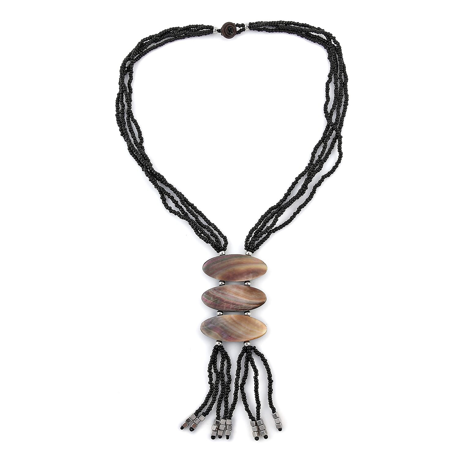 Black and Grey Shell Pearl Seed Beads Tassels Necklace 22 Inches
