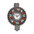 STRADA Grey Austrian Crystal, Simulated Multi Color Chroma Japanese Movement Southwest Style Bangle Watch in Silvertone (7.00 In) - Sticky add to cart bar
