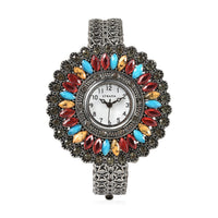 STRADA Grey Austrian Crystal, Simulated Multi Color Chroma Japanese Movement Southwest Style Bangle Watch in Silvertone (7.00 In)