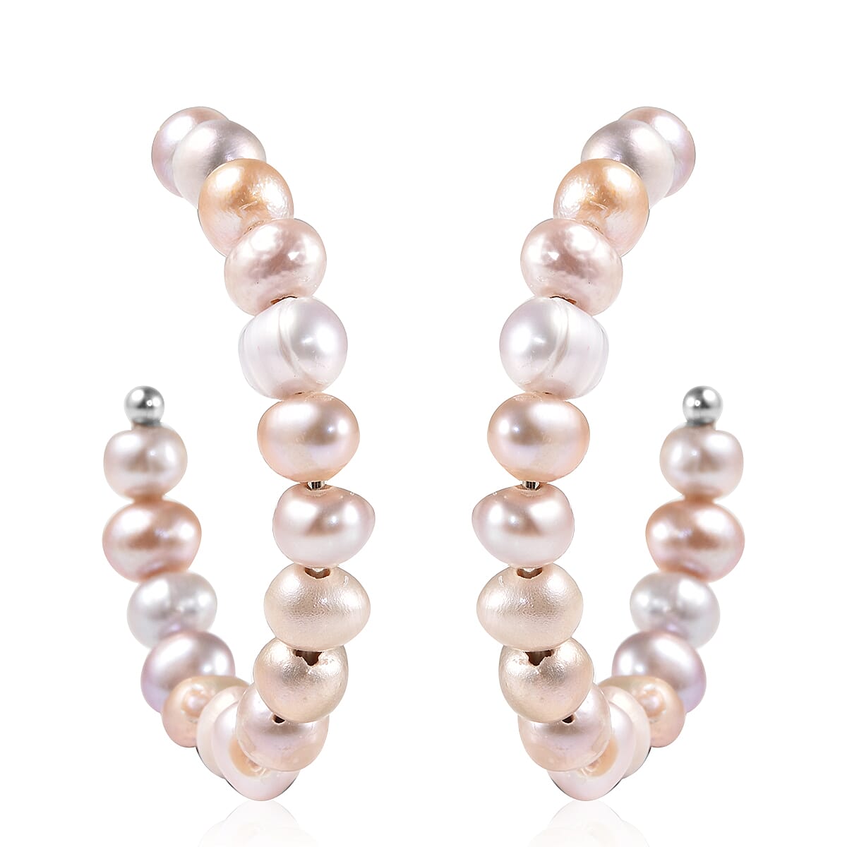 White Freshwater Pearl Half Hoop Earrings in Stainless Steel