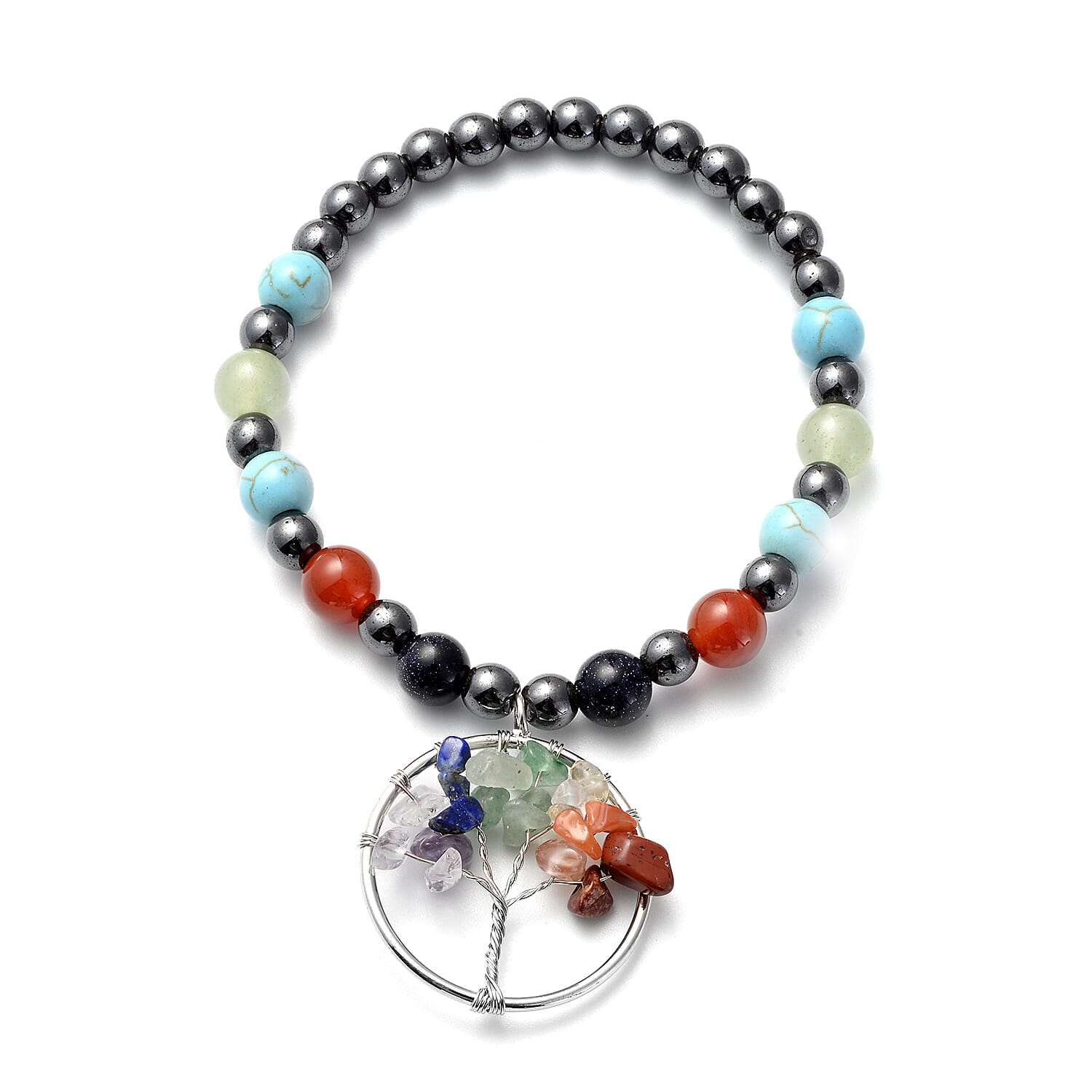 Magnetic By Design Multi Gemstone, Magnetised Hematite 7 Chakra Bracelet in Silvertone (7.00 In) 89.50 ctw