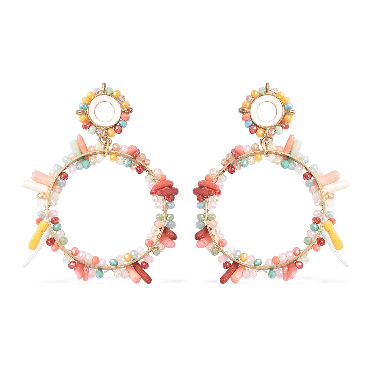 Simulated Multi Gemstone and Multi Color Coral Hoop Earrings in Goldtone