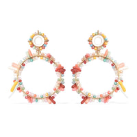 Simulated Multi Gemstone and Multi Color Coral Hoop Earrings in Goldtone