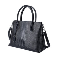 Black Genuine Leather Snakeskin Pattern Convertible Bag (13.38"x5.51"x9.84") with Detachable Shoulder Strap