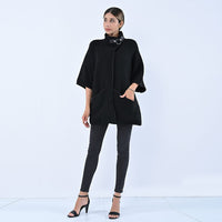 PASSAGE Black Knit Coat with Stand Collar and Buckle - S/M