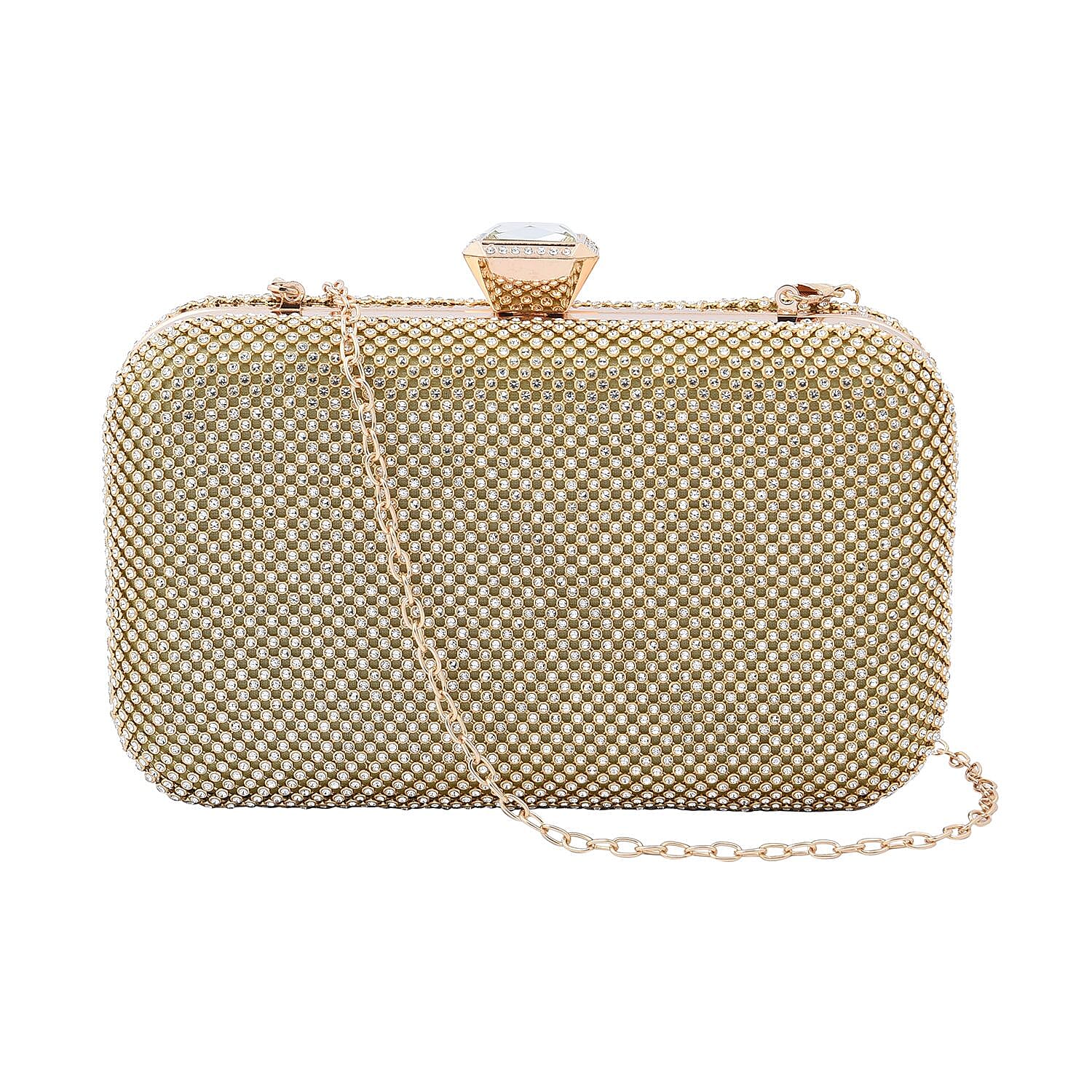 Silver Color Iron and Crystal Clutch Bag (7.87"x1.57"x4.72") with Chain Strap