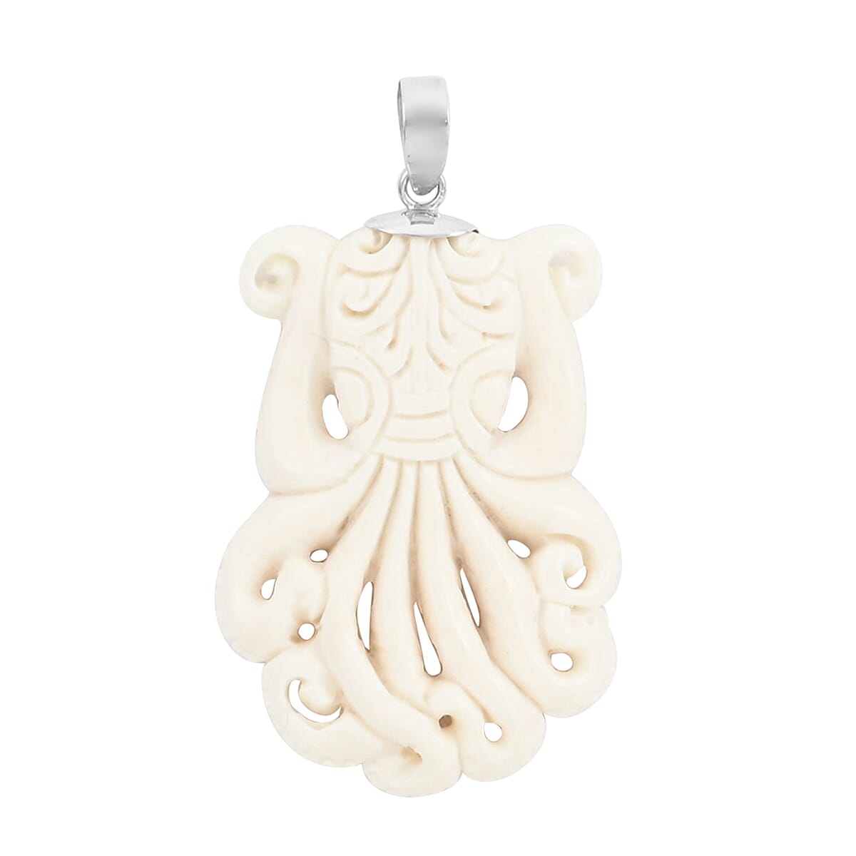 BALI GODDESS Carved Bone Octopus Pendant in Sterling Silver