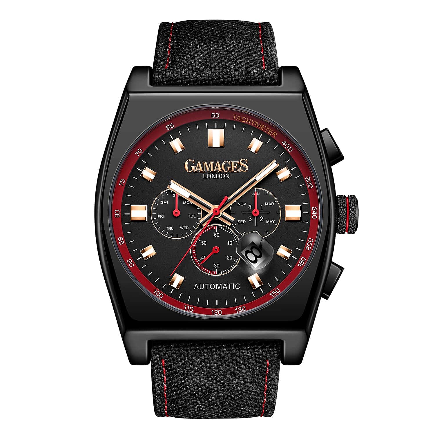 GAMAGES OF LONDON Limited Edition Hand Assembled Retro Calibre Automatic Movement Nylon Strap Watch in ION Plated Black (45mm) with FREE GIFT PEN