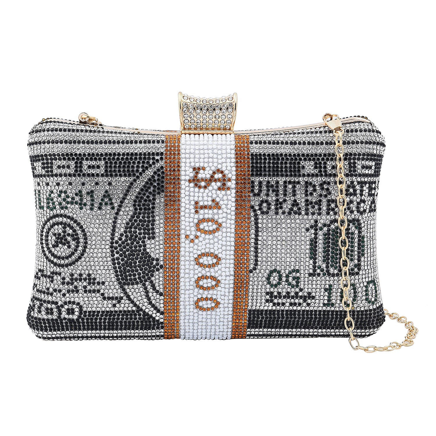 Black Crystal Dollar Shape Clutch Bag (8"x2"x4.75") with Chain 47"