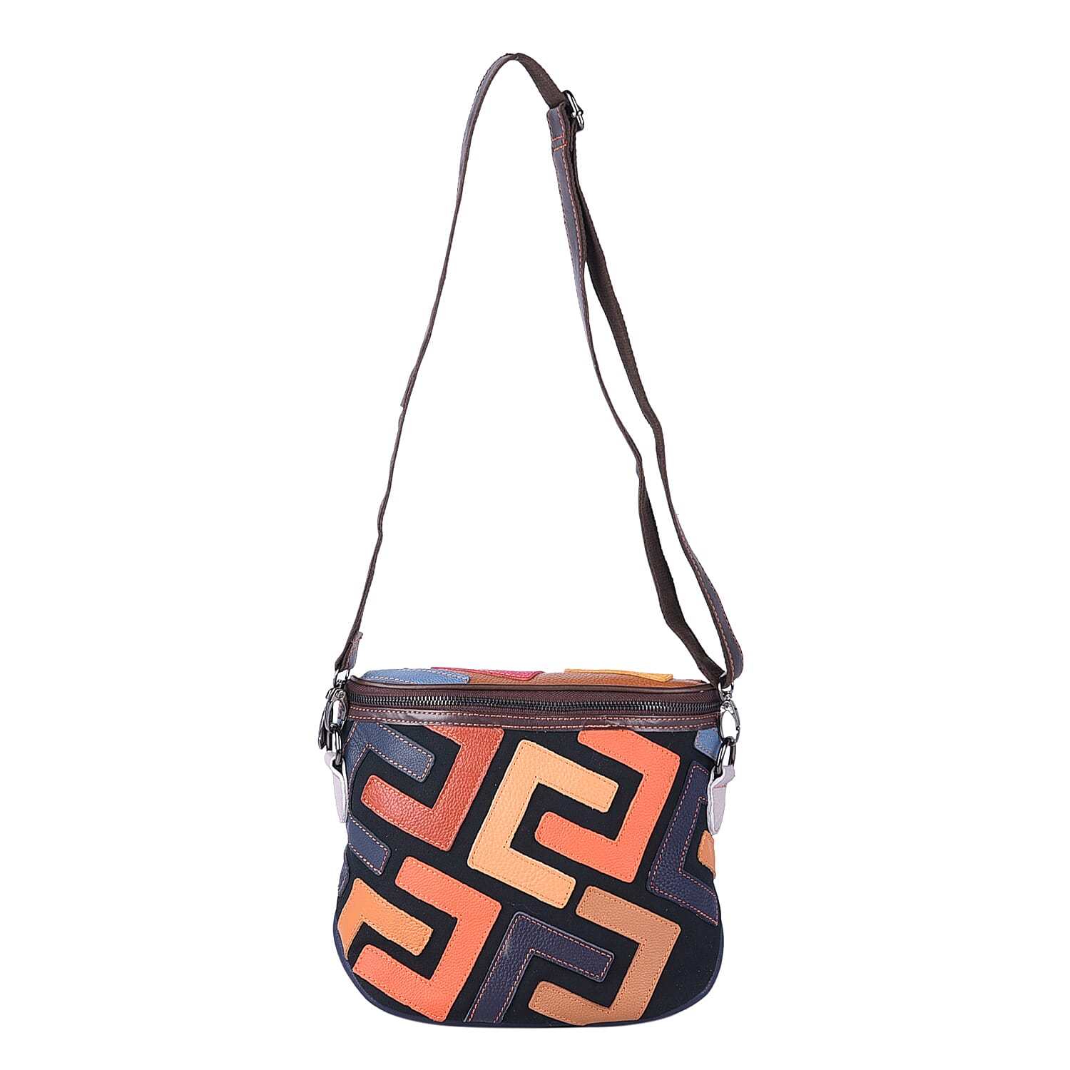 CHAOS BY ELSIE Multi Color Fret Pattern Genuine Leather Crossbody Bag with Shoulder Strap (9.84"x3.15"x8.27")