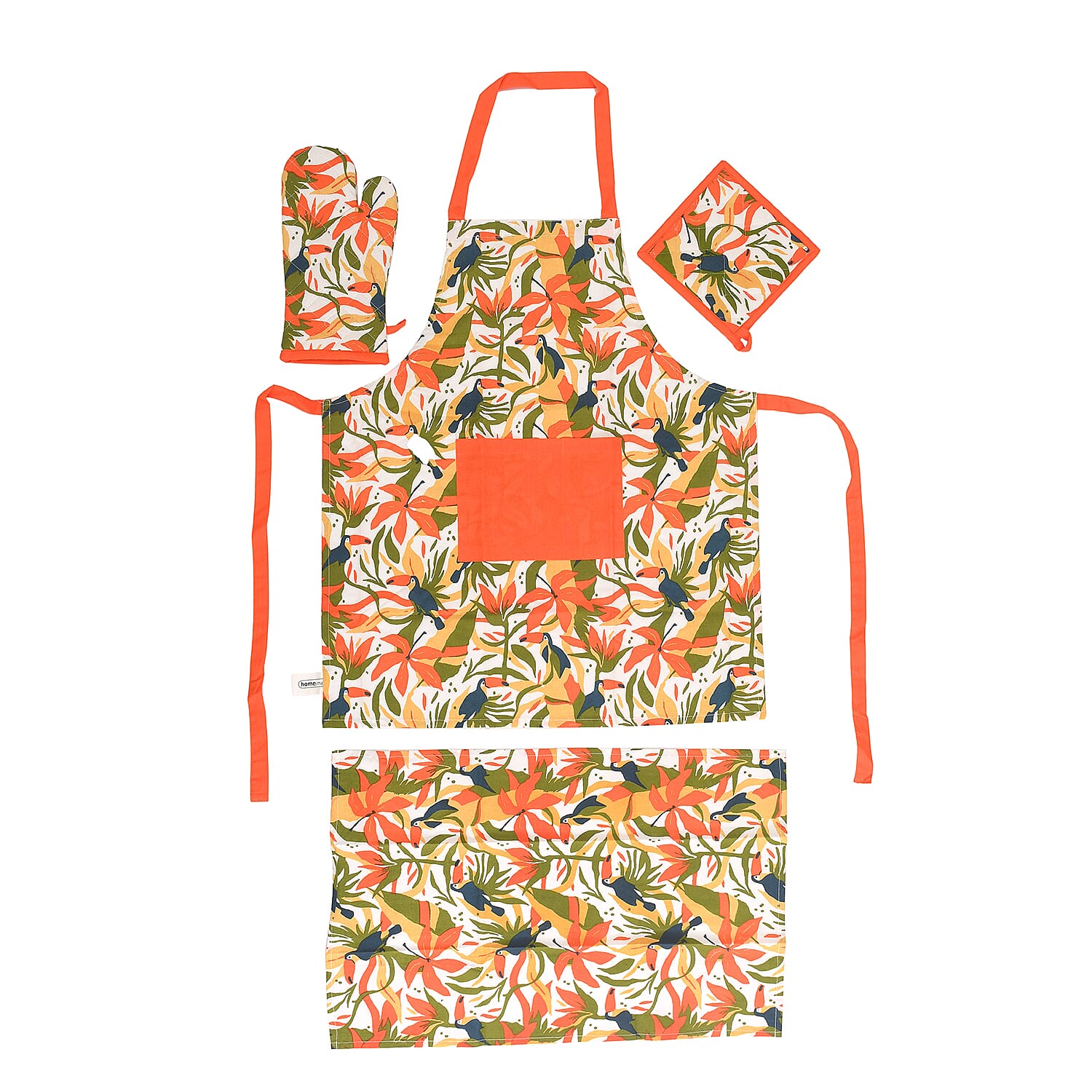 Set of 4 Orange & Green Apron, Glove, Pot Holder & Kitchen Towel (16"x23.5")