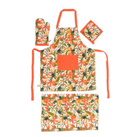 Set of 4 Orange & Green Apron, Glove, Pot Holder & Kitchen Towel (16"x23.5")
