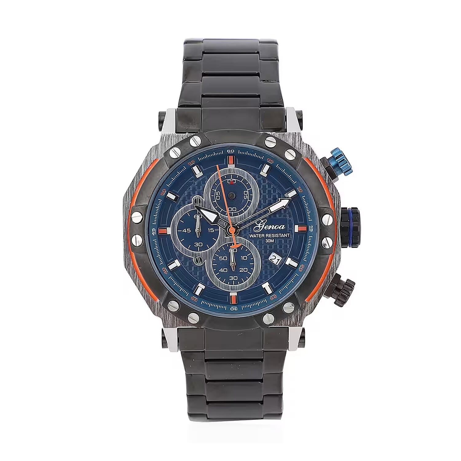 GENOA Multi-Functional Quartz Movement Watch with Navy Dial & ION Plated Black Stainless Steel Strap (49 mm)