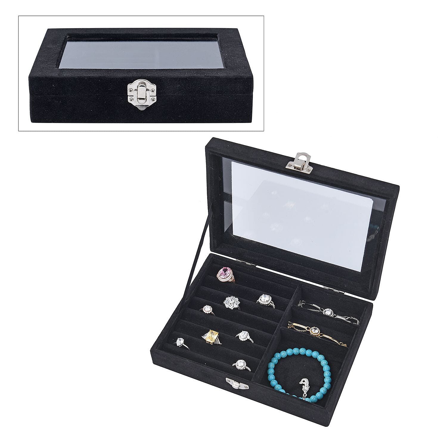 Black Velvet Jewelry Box with Anti Tarnish Lining & Lock (8x6x2) (Rings Hold Up to 28, Brooch, Pendant, Earrings)