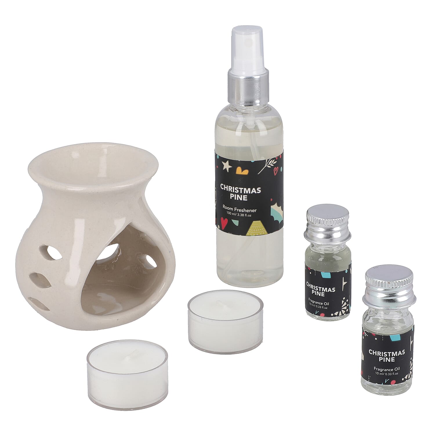 FRAGRANCE GIFT SET (Ceramic Burner, 2 Fragrance Oils, 2 Tea-Lights & 1 Room Spray) FRAGRANCE - Christmas Pine