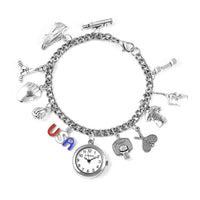 STRADA Japanese Movement USA Games Charm Bracelet Watch in Silvertone (7.5-8.25 In)