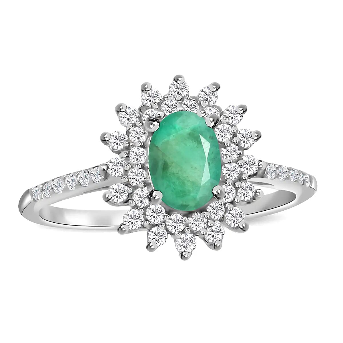 AAA Kagem Zambian Emerald and Natural White Zircon Sunburst Ring in Platinum Over Sterling Silver (Size 10.0) 1.60 ctw