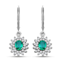AAA Kagem Zambian Emerald and Natural White Zircon Sunburst Lever Back Earrings in Platinum Over Sterling Silver 1.50 ctw