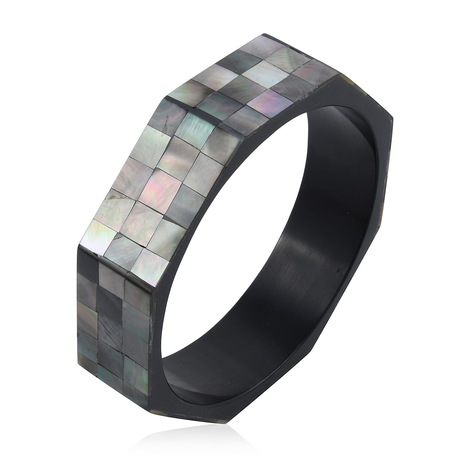 Octagon Golden Mother of Pearl Inlay Bangle Bracelet With Yellow Inner Resin (7.50 In) (1)