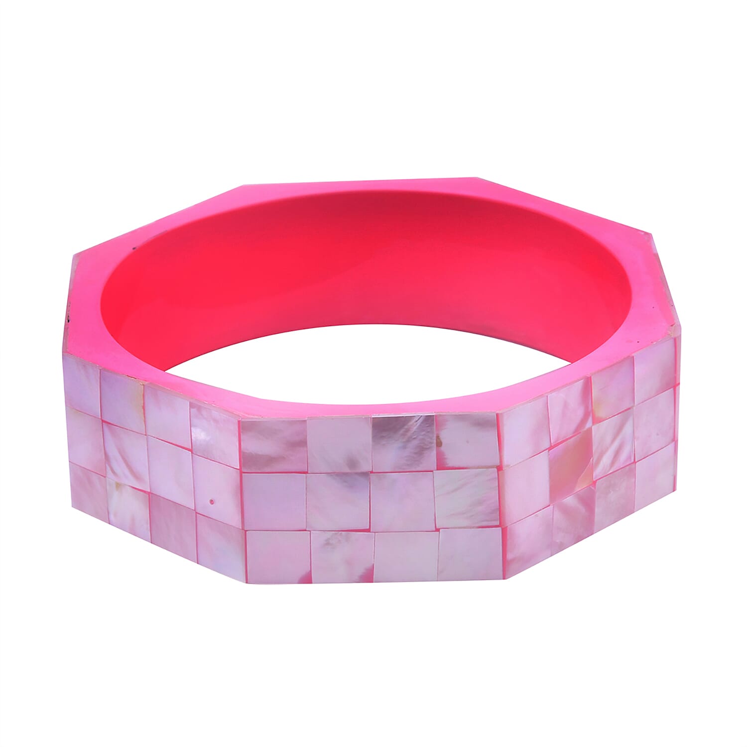 Octagon Golden Mother of Pearl Inlay Bangle Bracelet With Yellow Inner Resin (7.50 In)