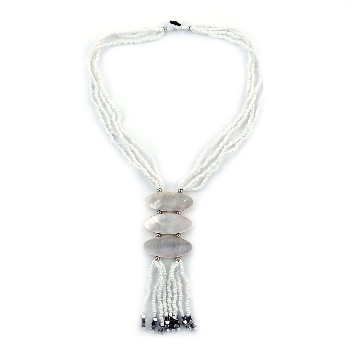 Black and Grey Shell Pearl Seed Beads Tassels Necklace 22 Inches
