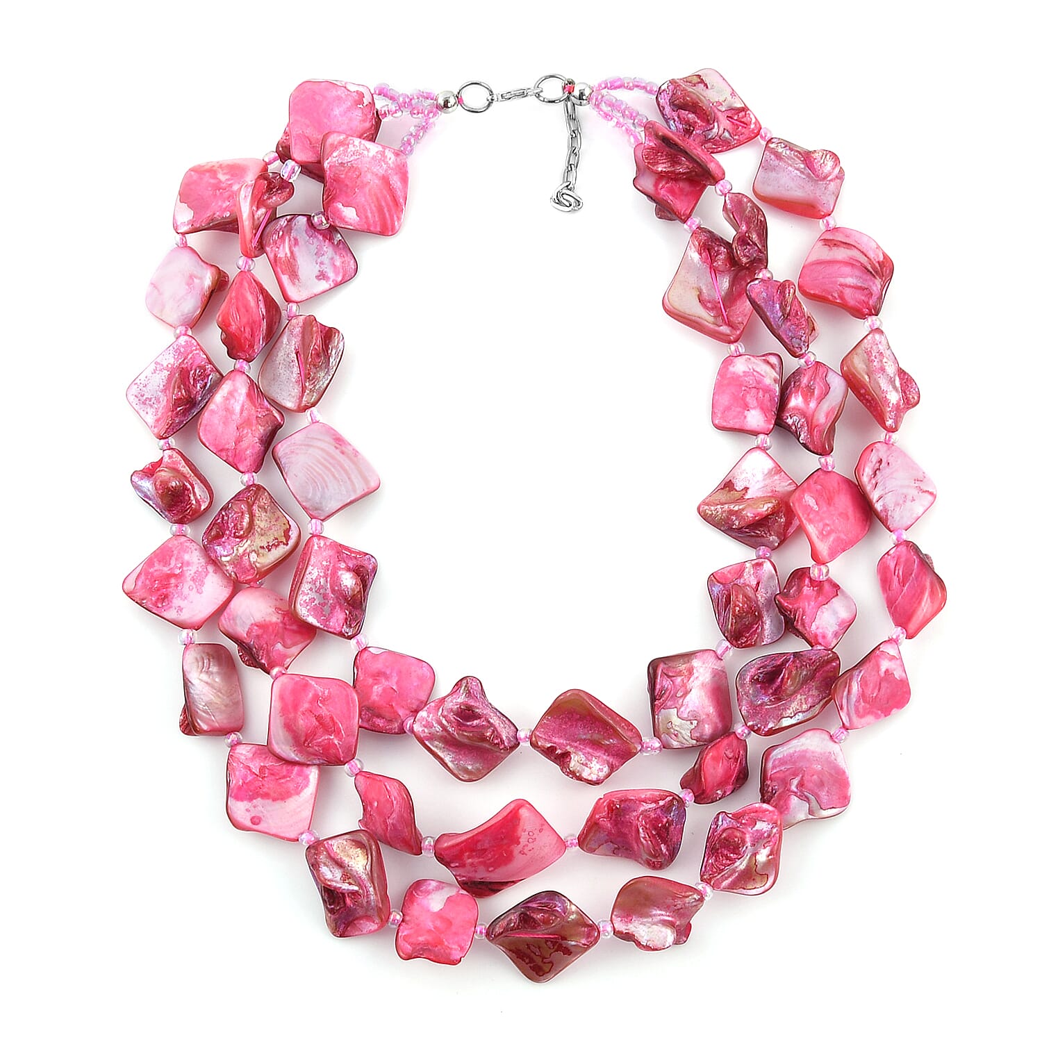 Simulated Pink Shell Pearl 3 Strand Necklace 18 Inches in Silvertone