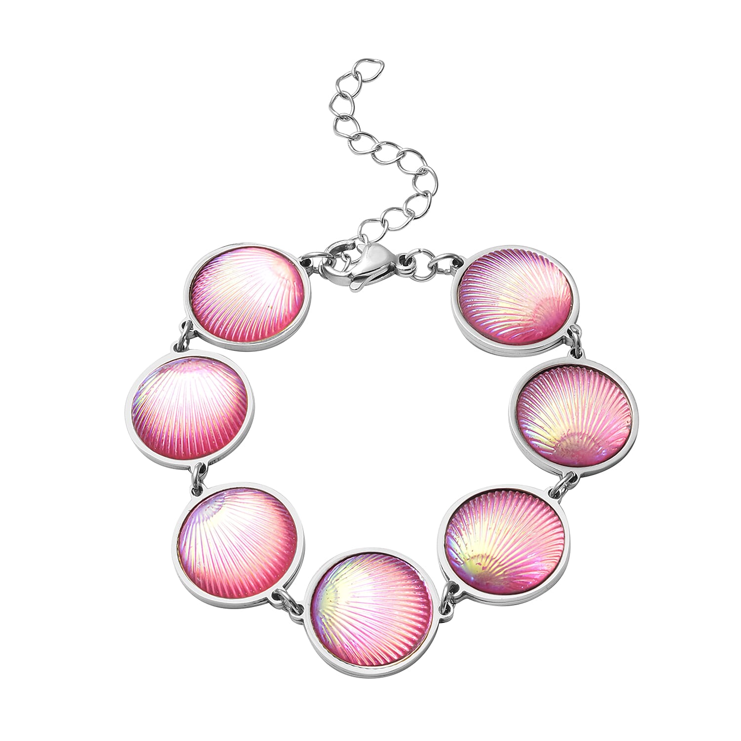 Simulated Pink Magic Color Topaz Seashell Charm Station Bracelet in Stainless Steel (7.25 In)