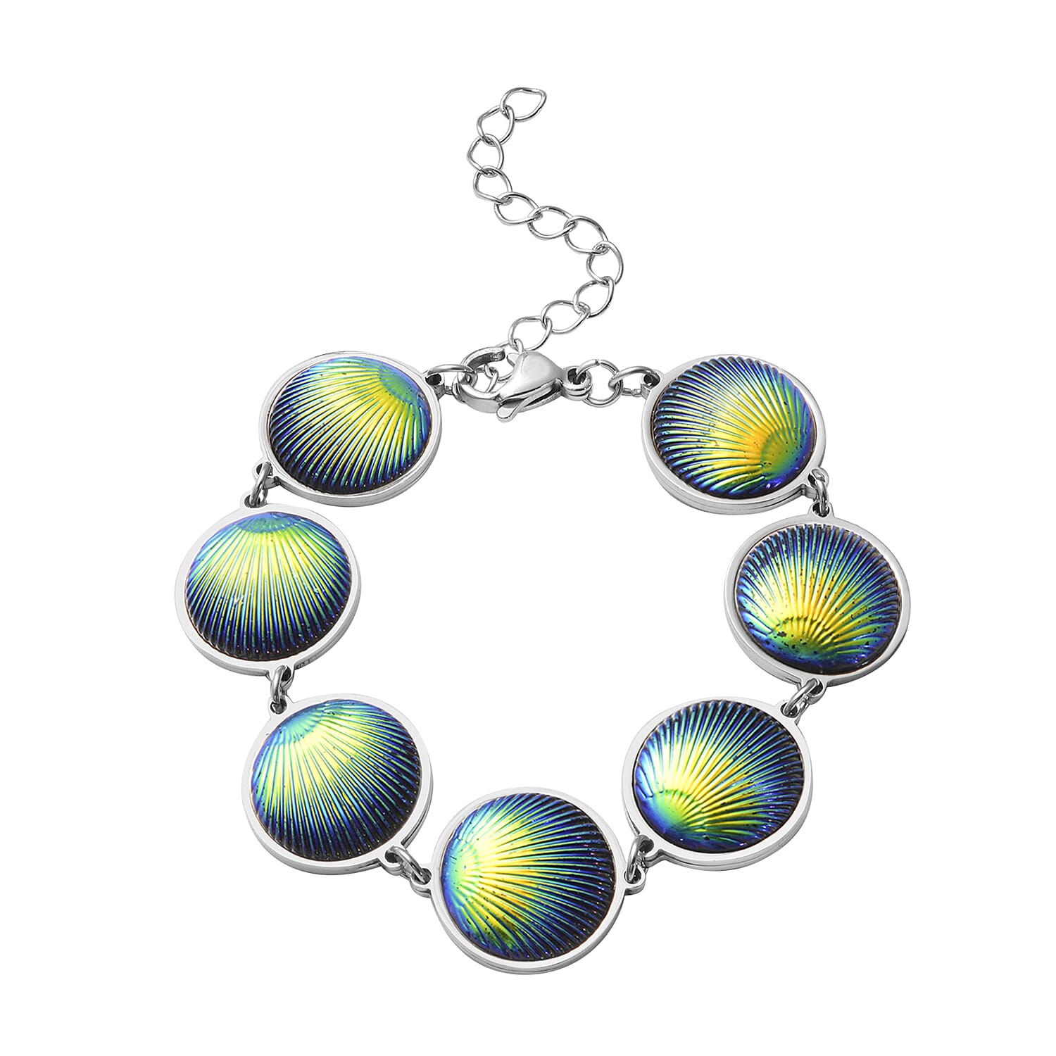 Simulated Pink Magic Color Topaz Seashell Charm Station Bracelet in Stainless Steel (7.25 In)