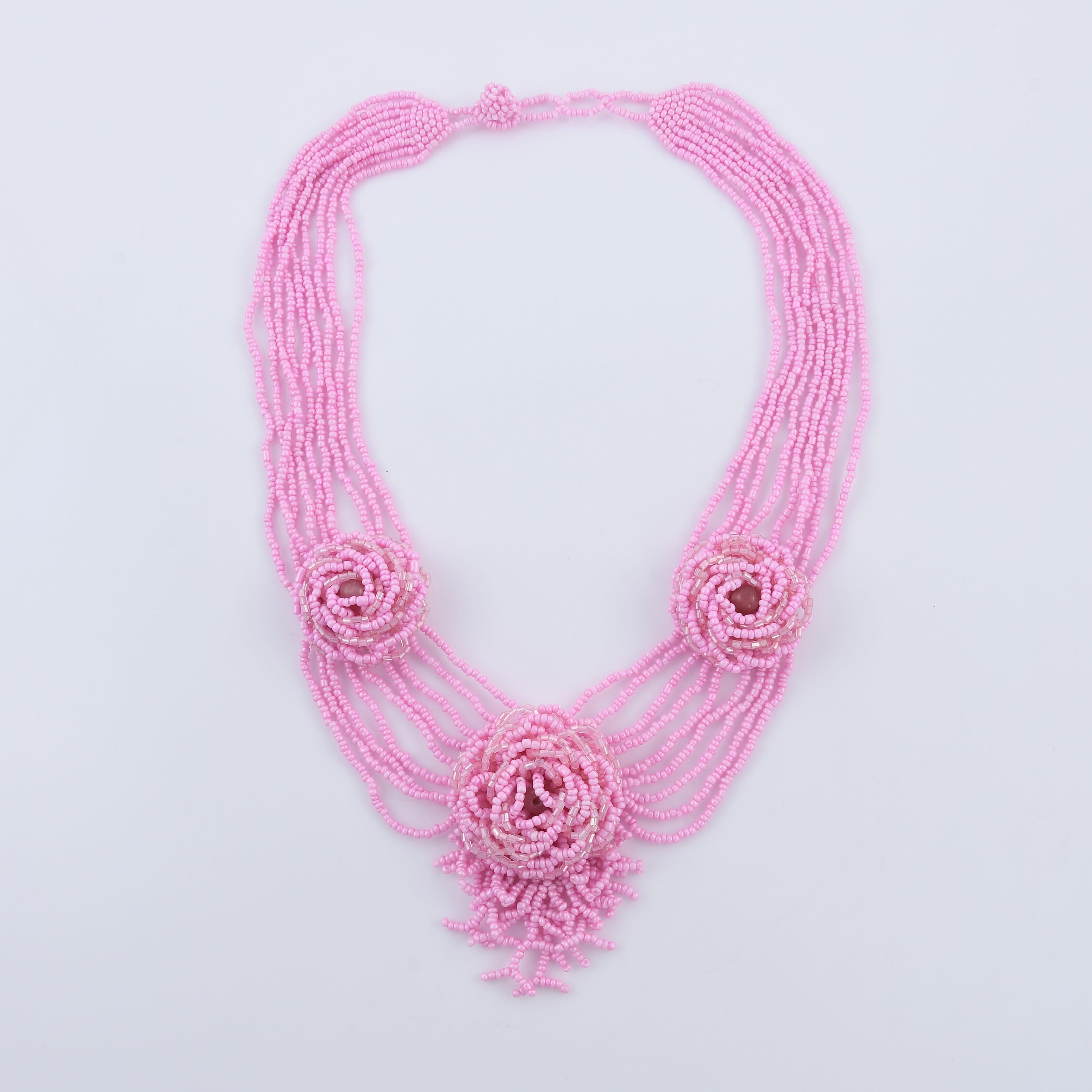 Pink Color  Seed Beads Flower Necklace 20 Inches