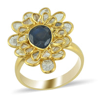 3.20 ctw Sapphire and Polki Diamond Flower Ring in 14K YG Over Sterling Silver