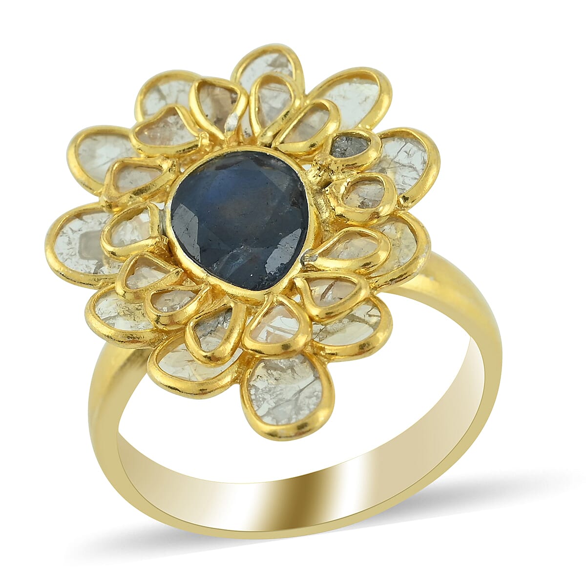3.20 ctw Sapphire and Polki Diamond Flower Ring in 14K YG Over Sterling Silver (1)