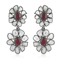 5.90 ctw Ruby and Polki Diamond Flower Dangle Earrings in Black Oxidized Sterling Silver