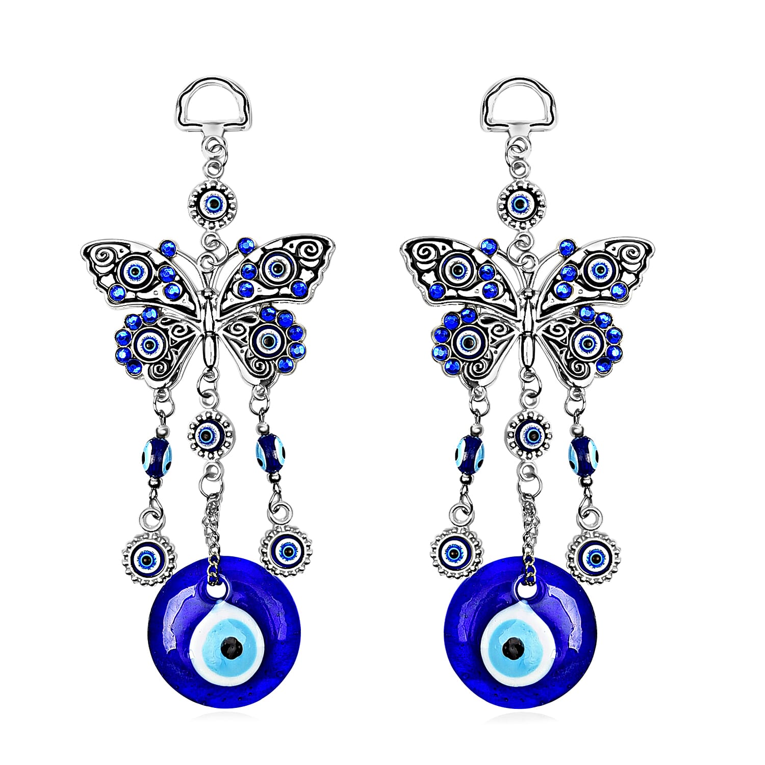 Set of 2 Silver and Blue Butterfly Inspired Eye Wall Hanging Charm in Silvertone (8.27x2.36)