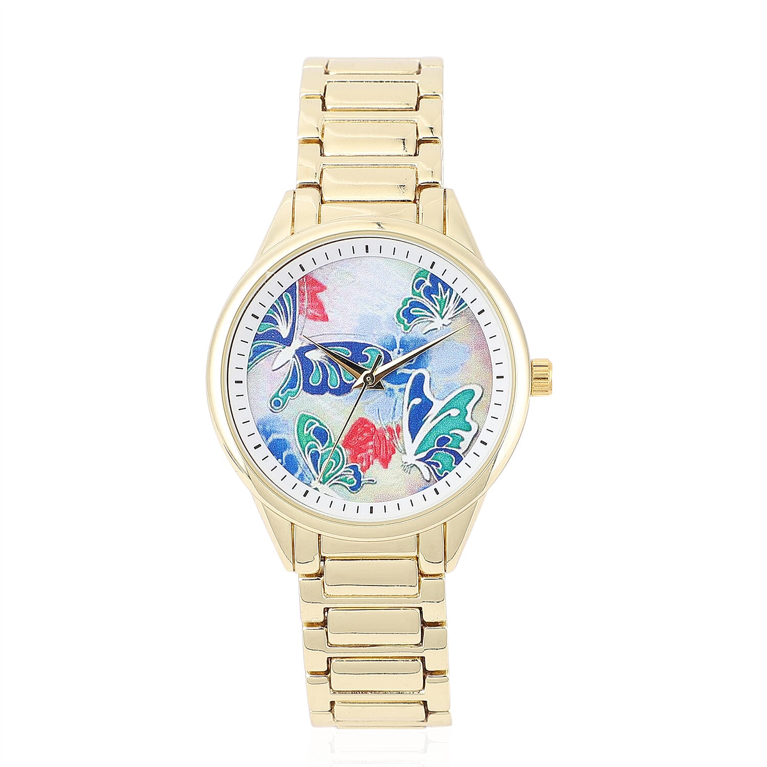 STRADA Japanese Movement Watch with Blue Butterfly Pattern Dial in Goldtone