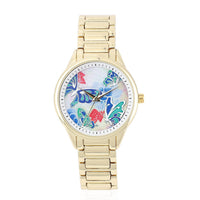 STRADA Japanese Movement Watch with Blue Butterfly Pattern Dial in Goldtone