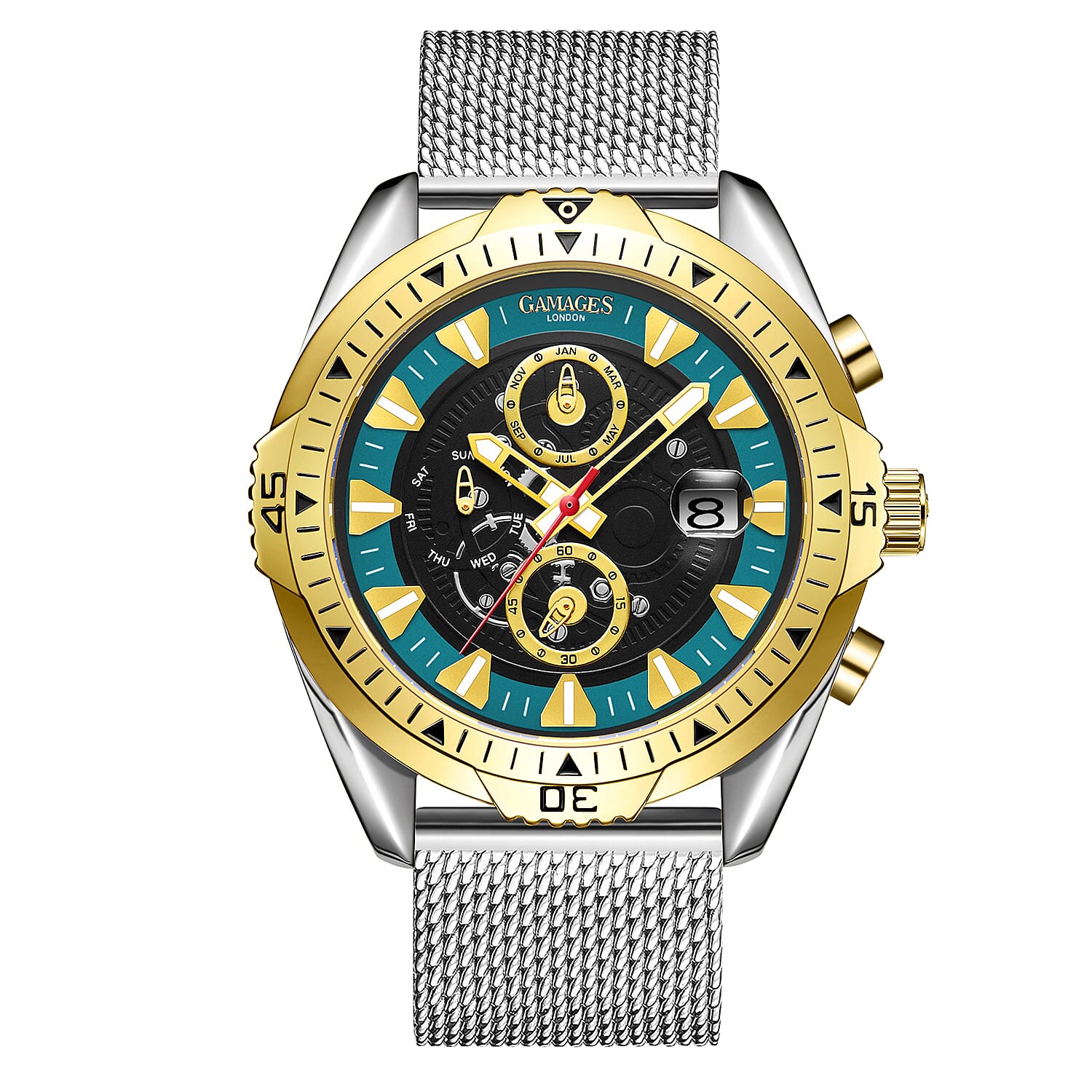 GAMAGES OF LONDON Limited Edition Hand Assembled Vanguard Automatic Movement Mesh Strap Watch in ION Plated Gold and Stainless Steel (45mm) (1)