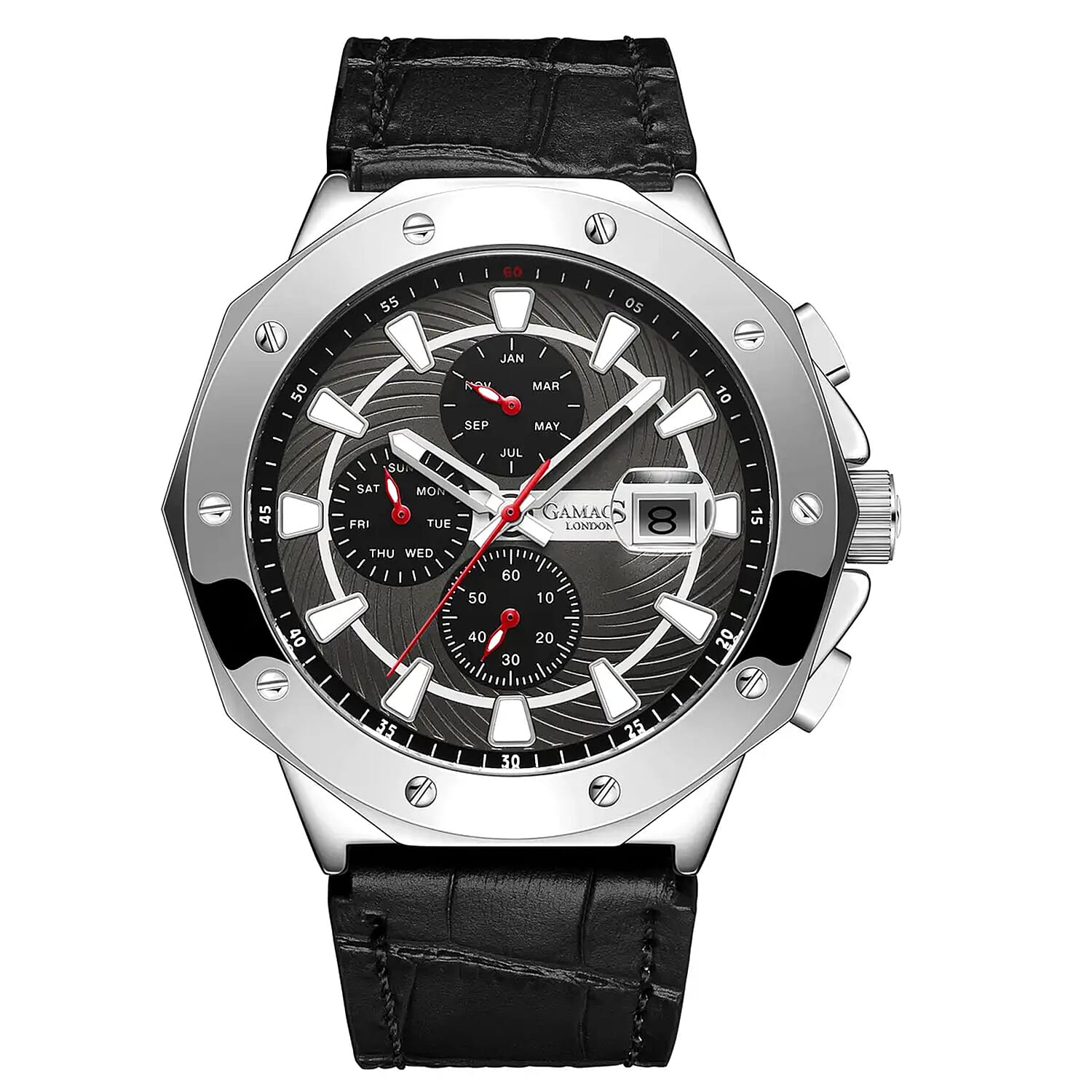 GAMAGES OF LONDON Limited Edition Hand Assembled Military Sports Automatic Movement Black Genuine Leather Strap Watch (45mm)