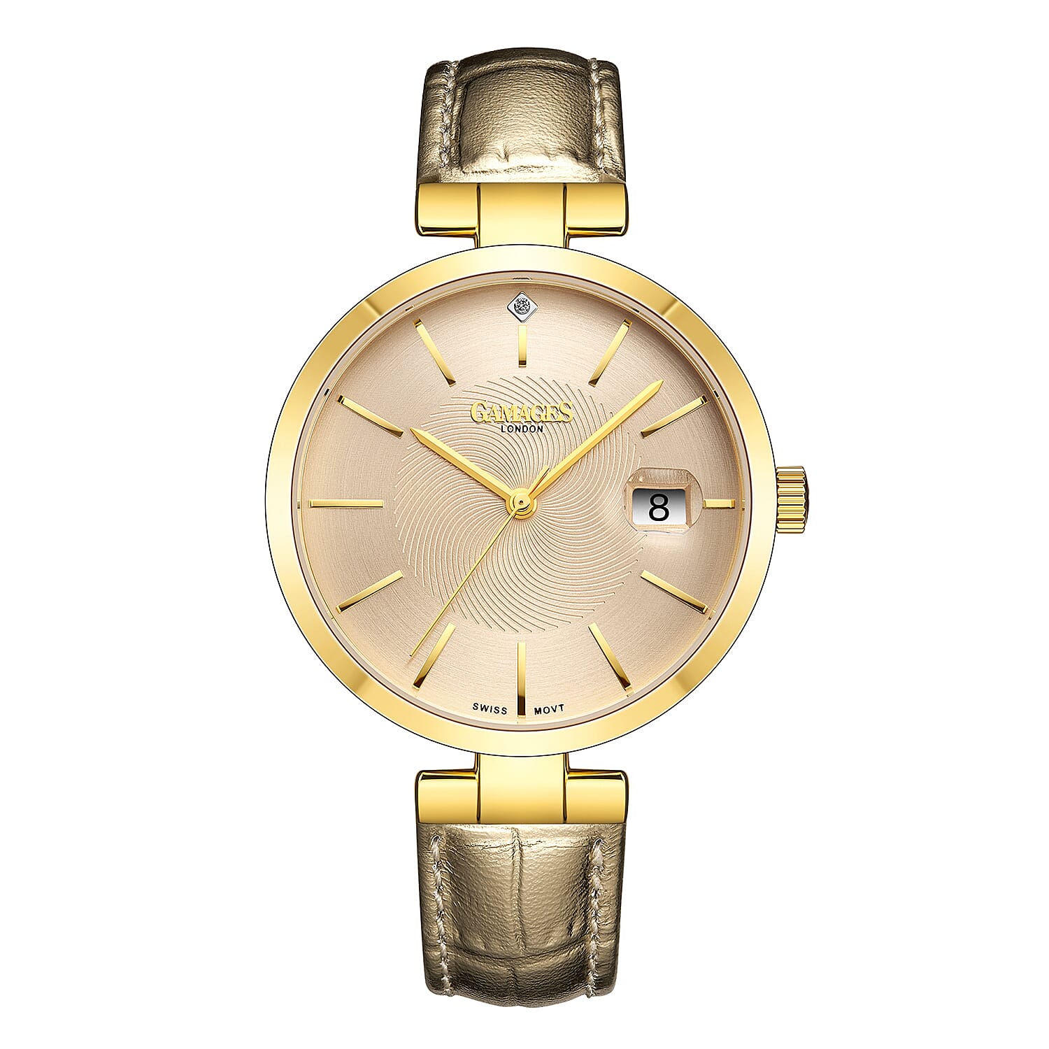 GAMAGES OF LONDON Ladies Spiral Diamond Quartz Chronograph Movement Goldtone Genuine Leather Strap Watch in Gold ION Plating (38mm)