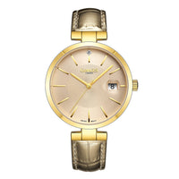 GAMAGES OF LONDON Ladies Spiral Diamond Quartz Chronograph Movement Goldtone Genuine Leather Strap Watch in Gold ION Plating (38mm)