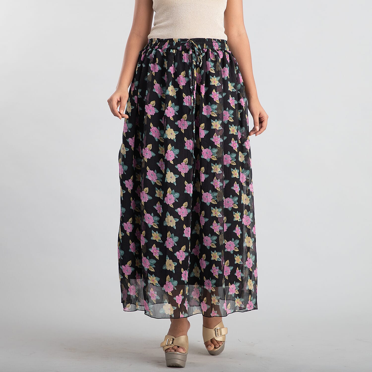 JOVIE Black Floral Printed Skirt with Drawstring - One Size Fits Most