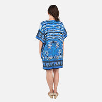 TAMSY Blue Tiger Screen Printed Mid Short Kaftan - One Size Fits Most (36"x41")